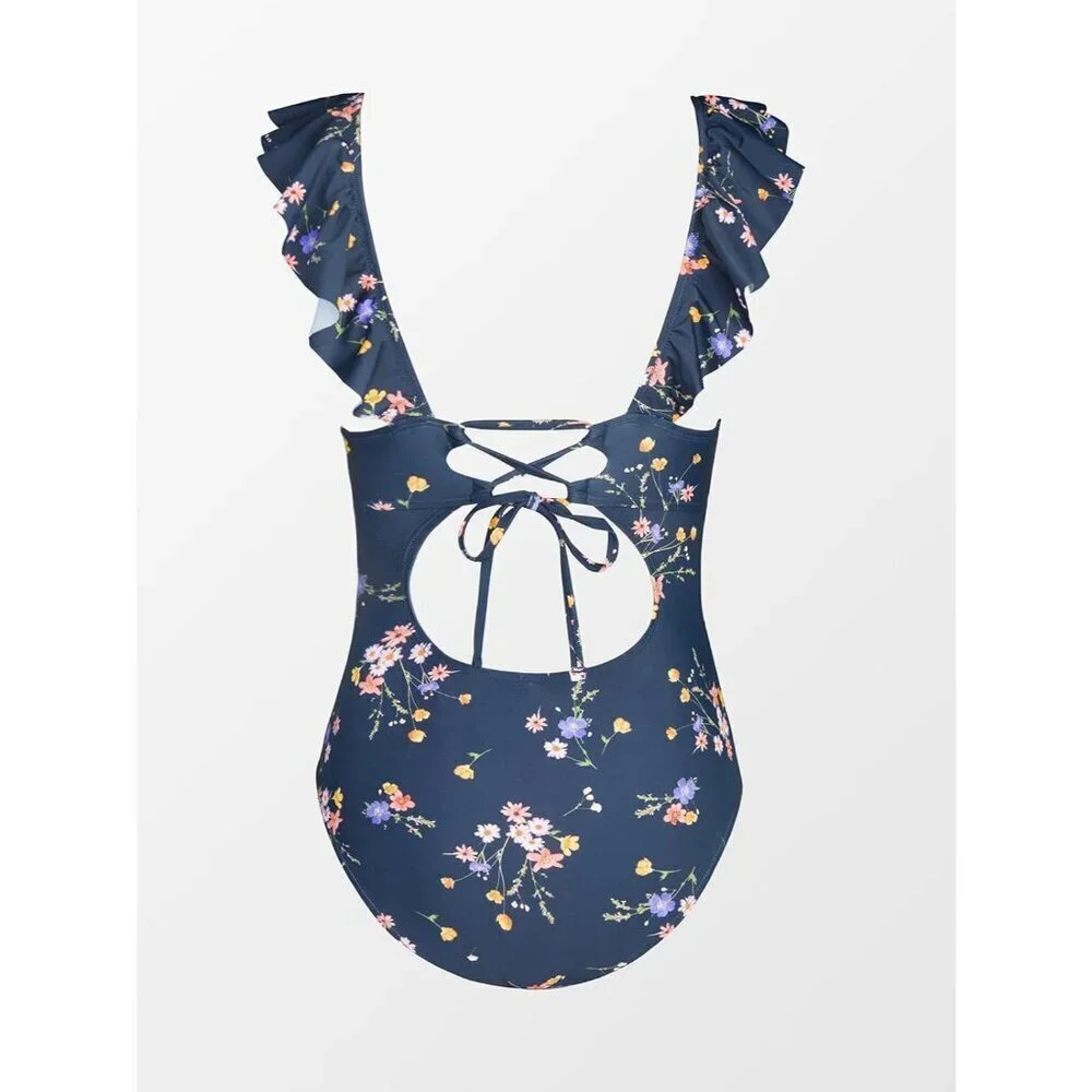 Women's Blue Ruffled One Piece Swimsuit V Neck Lace Up
